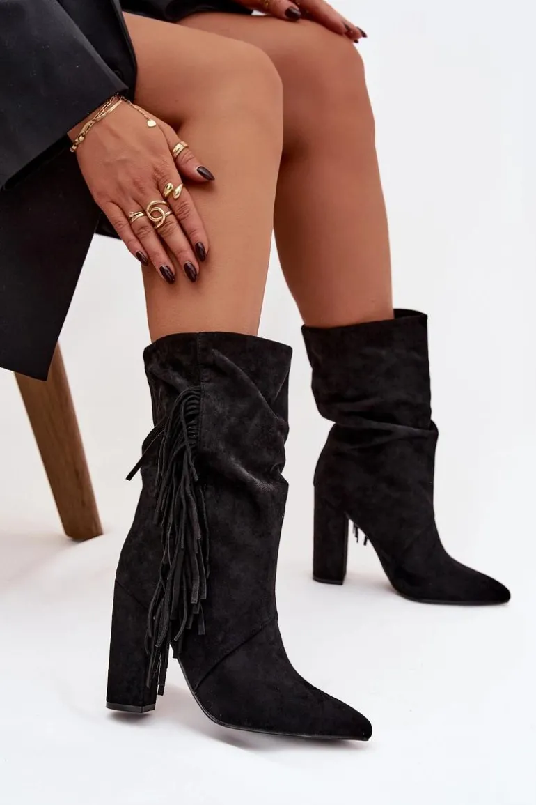 Botki Damskie Na Słupku Z Frędzlami I Marszczeniem Ocieplane Czarne Darlina