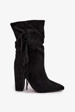 Botki Damskie Na Słupku Z Frędzlami I Marszczeniem Ocieplane Czarne Darlina