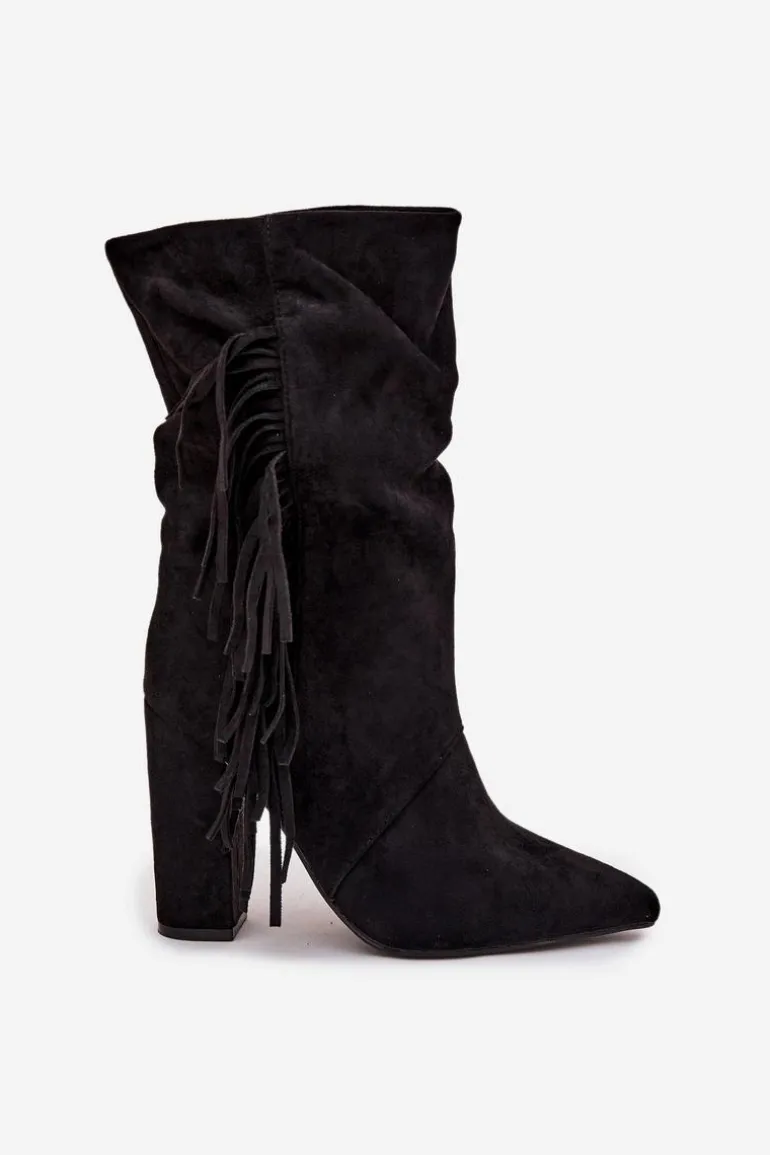 Botki Damskie Na Słupku Z Frędzlami I Marszczeniem Ocieplane Czarne Darlina