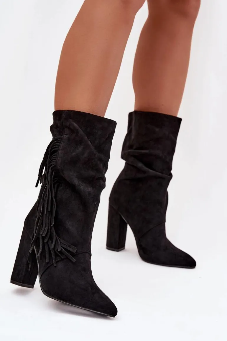 Botki Damskie Na Słupku Z Frędzlami I Marszczeniem Ocieplane Czarne Darlina