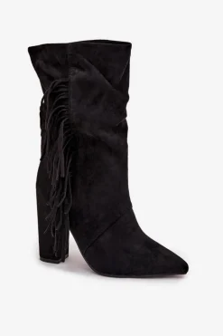 Botki Damskie Na Słupku Z Frędzlami I Marszczeniem Ocieplane Czarne Darlina