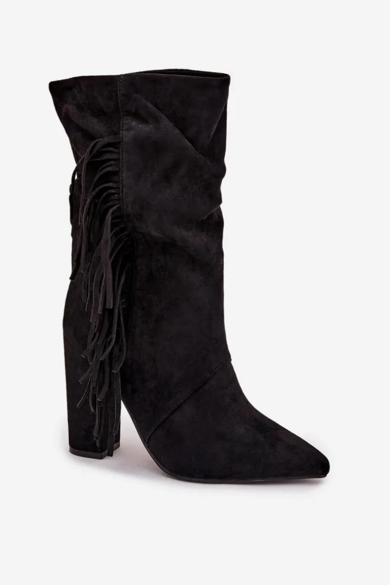 Botki Damskie Na Słupku Z Frędzlami I Marszczeniem Ocieplane Czarne Darlina