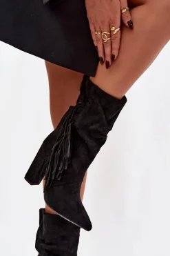 Botki Damskie Na Słupku Z Frędzlami I Marszczeniem Ocieplane Czarne Darlina