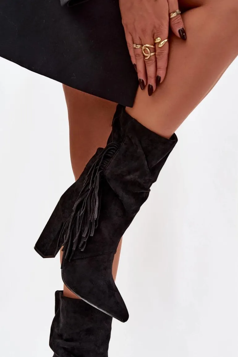 Botki Damskie Na Słupku Z Frędzlami I Marszczeniem Ocieplane Czarne Darlina