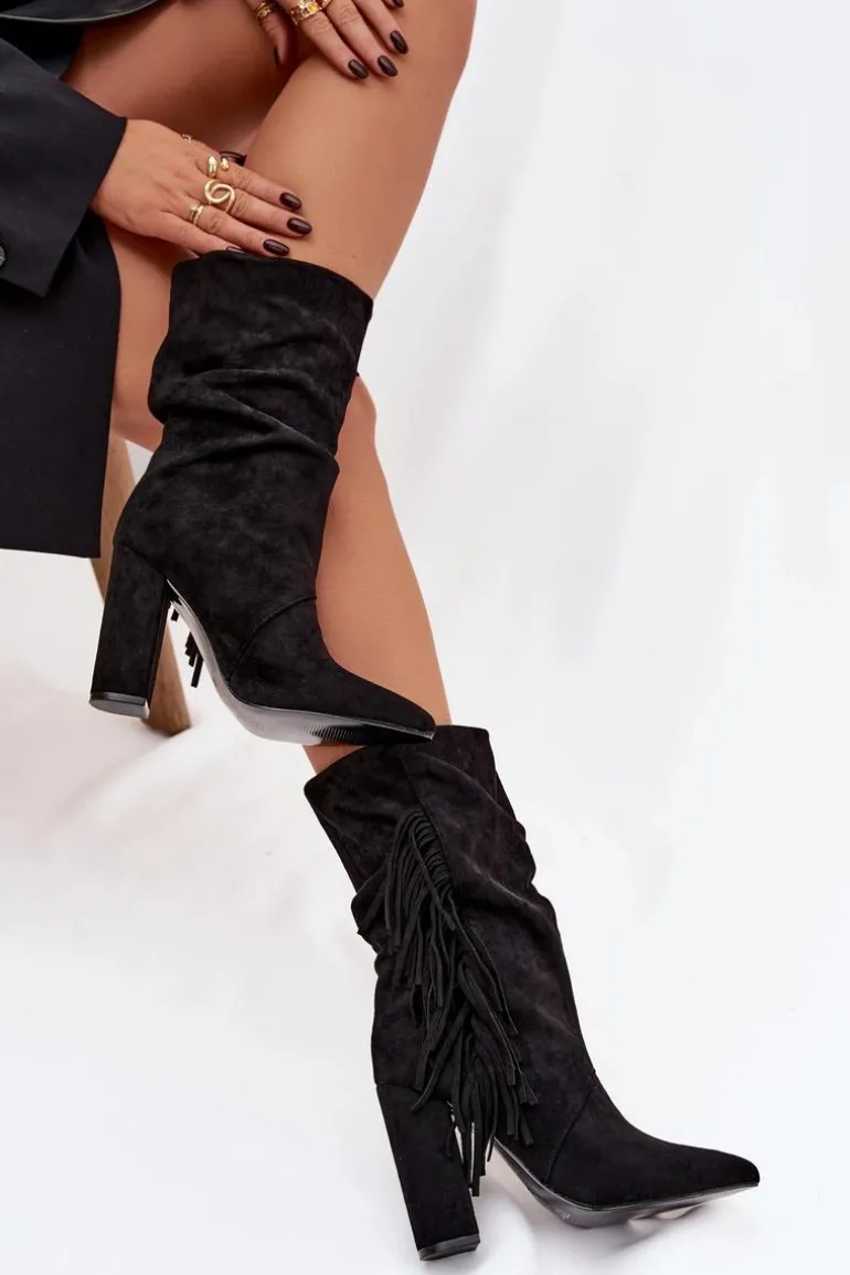 Botki Damskie Na Słupku Z Frędzlami I Marszczeniem Ocieplane Czarne Darlina