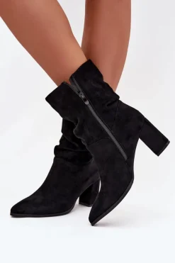 Botki Damskie Na Słupku Z Marszczeniem Ocieplane Czarne Amelise