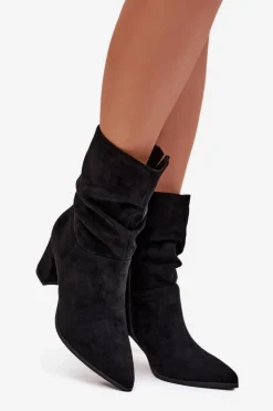 Botki Damskie Na Słupku Z Marszczeniem Ocieplane Czarne Amelise