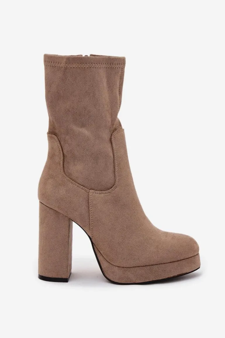 Botki Damskie Na Słupku Z Eko Zamszu Beżowe Carolina