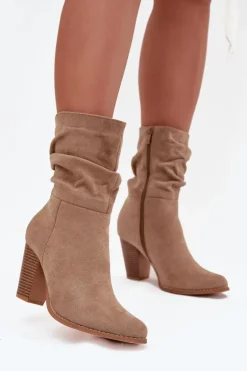 Botki Damskie Na Słupku Z Marszczeniem Beżowe Jovessa