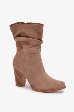 Botki Damskie Na Słupku Z Marszczeniem Beżowe Jovessa