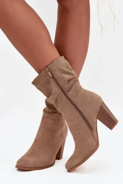 Botki Damskie Na Słupku Z Marszczeniem Beżowe Jovessa