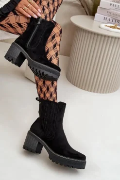 Botki Damskie Na Słupku Z Eko Zamszu Ocieplane Czarne Nevitas