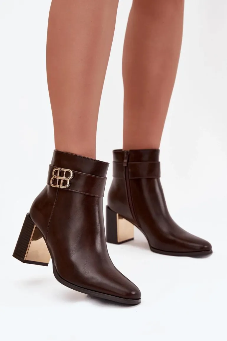 Botki Damskie Na Słupku Z Paskiem I Złotym Detalem Czekoladowe Galinne