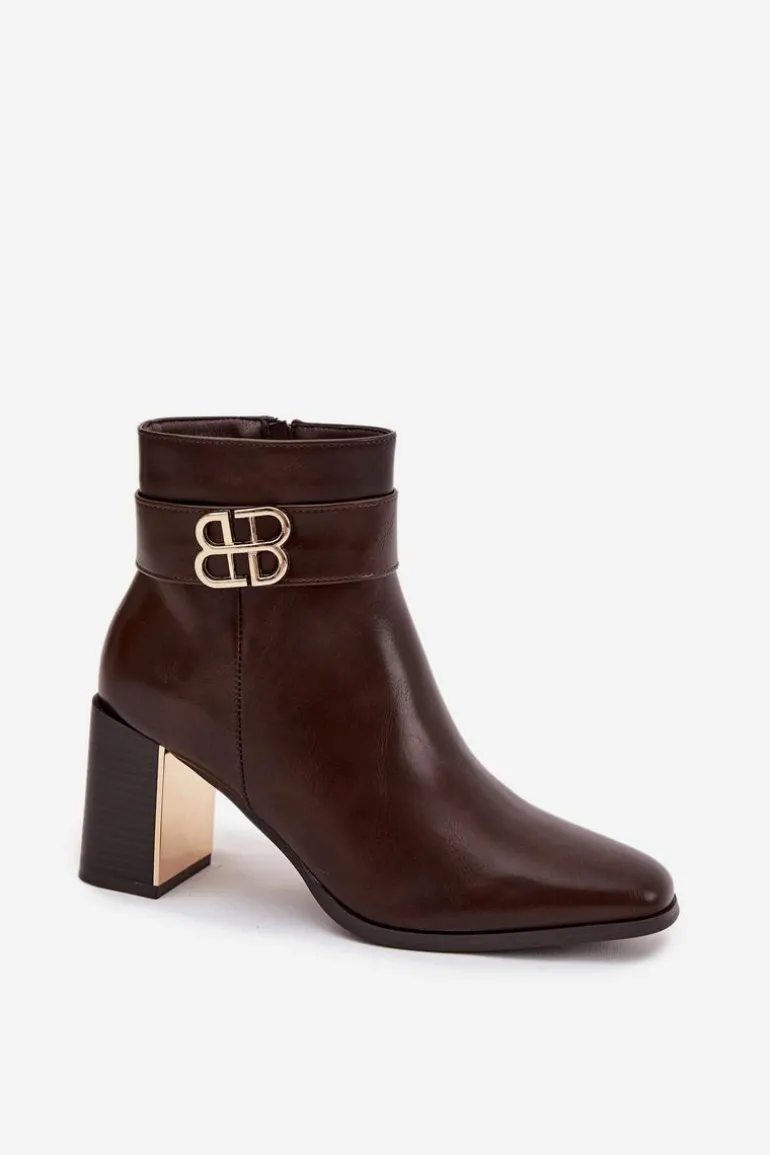 Botki Damskie Na Słupku Z Paskiem I Złotym Detalem Czekoladowe Galinne