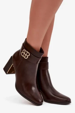 Botki Damskie Na Słupku Z Paskiem I Złotym Detalem Czekoladowe Galinne