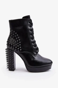 Botki Damskie Na Słupku Z Ćwiekami Czarne Alemilla