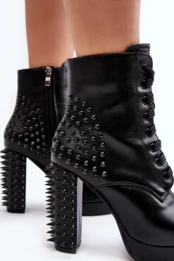 Botki Damskie Na Słupku Z Ćwiekami Czarne Alemilla