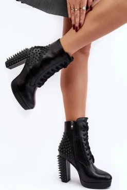 Botki Damskie Na Słupku Z Ćwiekami Czarne Alemilla