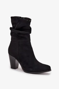 Botki Damskie Na Słupku Z Marszczeniem Czarne Jovessa
