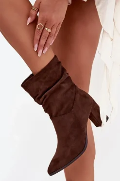 Botki Damskie Na Słupku Z Marszczeniem Ocieplane Brązowe Amelise