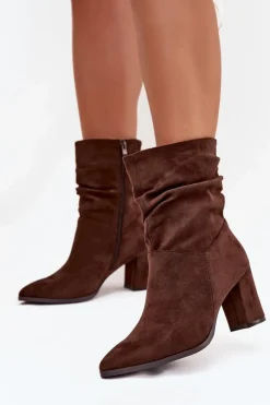 Botki Damskie Na Słupku Z Marszczeniem Ocieplane Brązowe Amelise