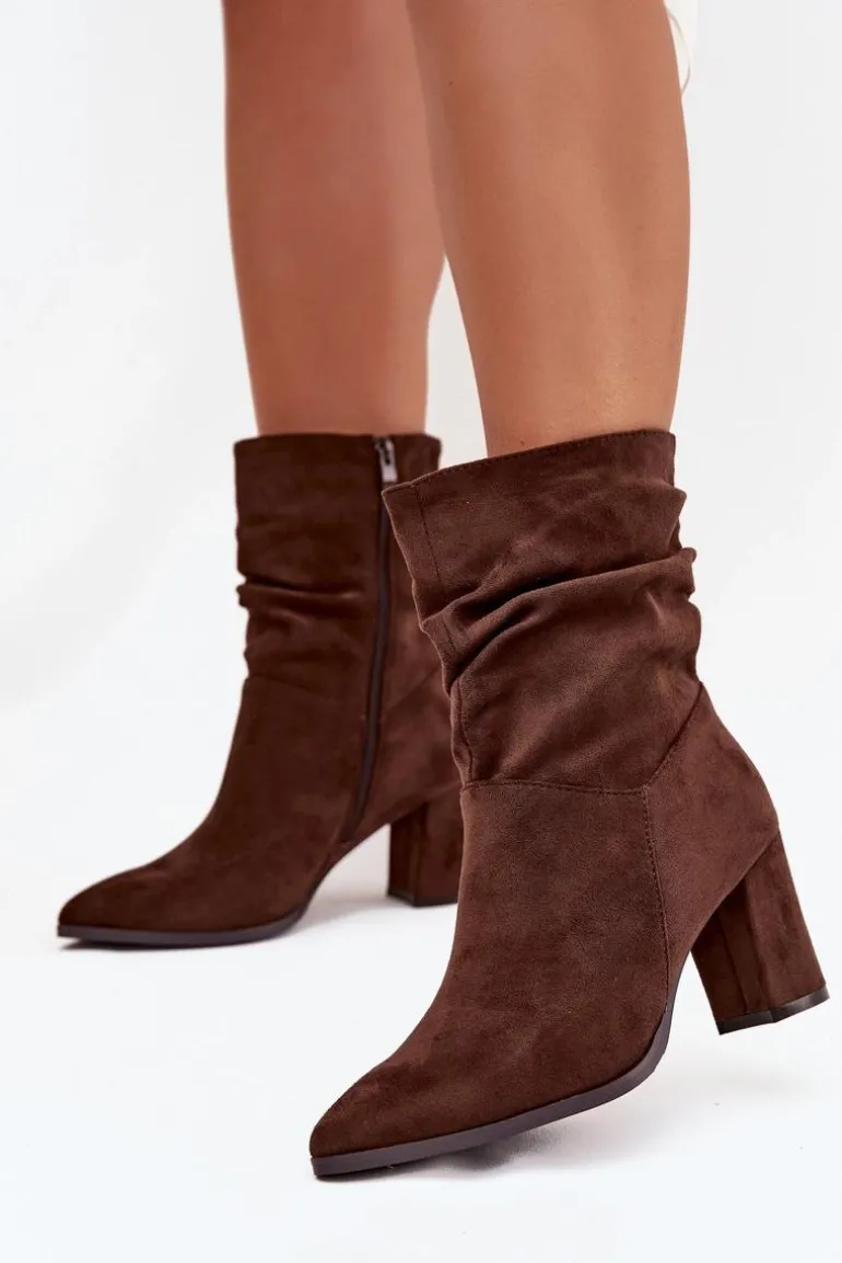Botki Damskie Na Słupku Z Marszczeniem Ocieplane Brązowe Amelise