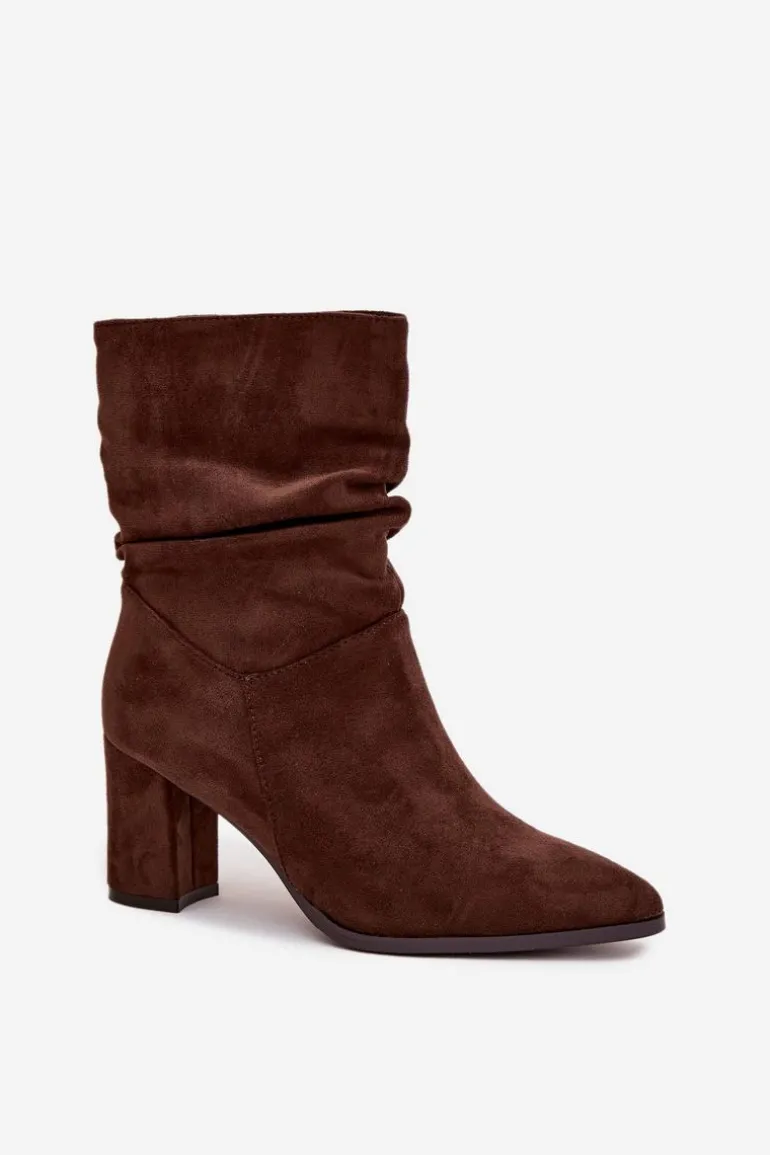 Botki Damskie Na Słupku Z Marszczeniem Ocieplane Brązowe Amelise