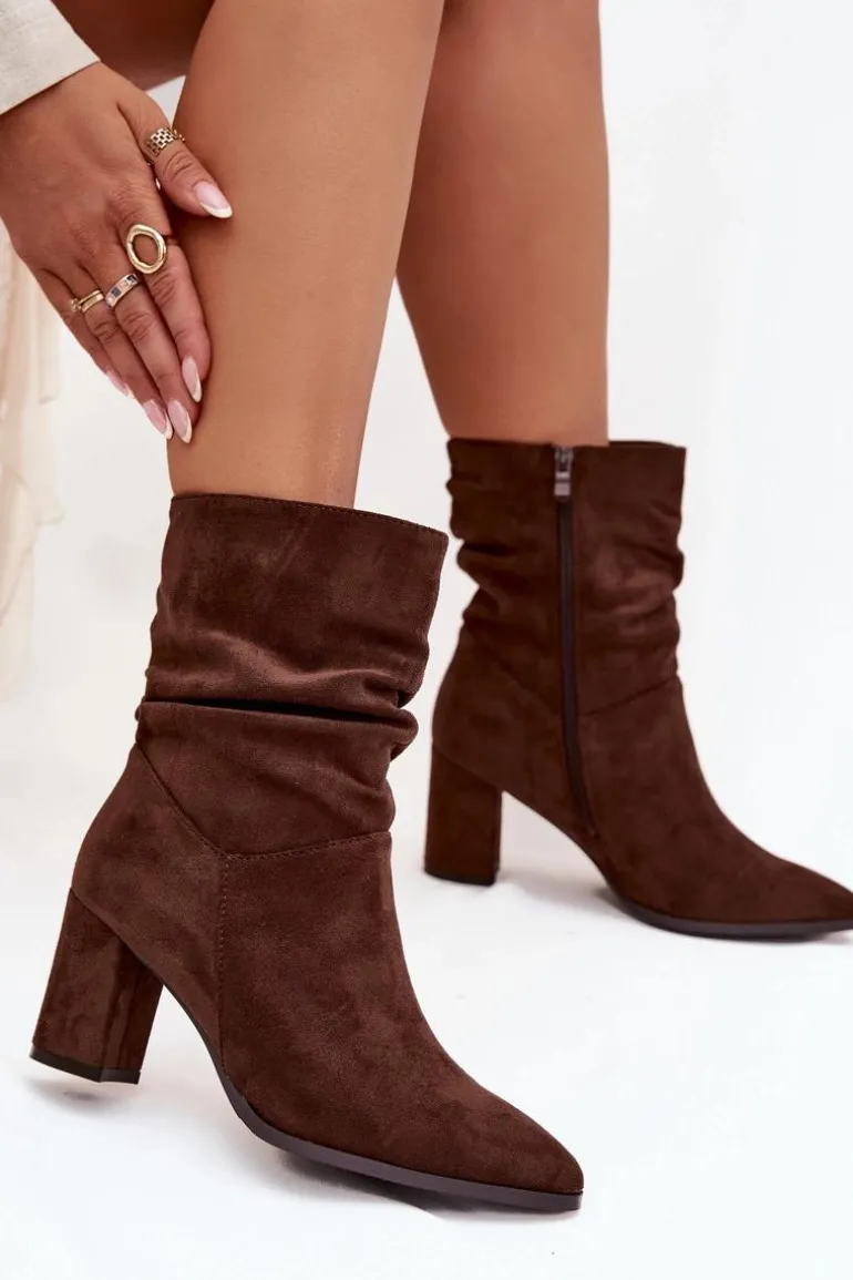 Botki Damskie Na Słupku Z Marszczeniem Ocieplane Brązowe Amelise