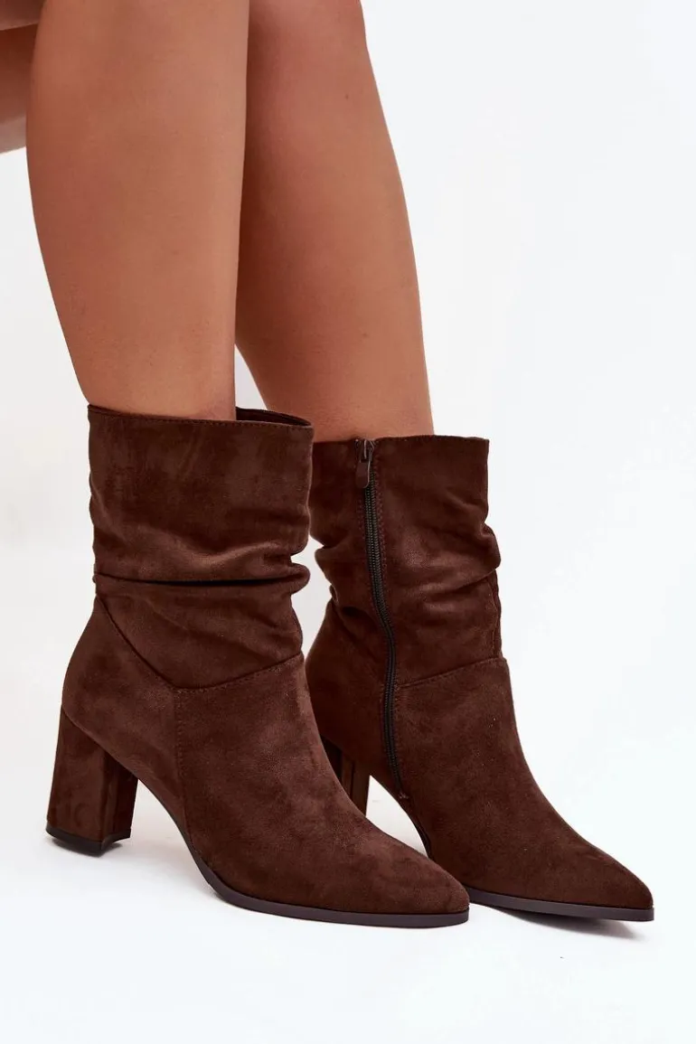 Botki Damskie Na Słupku Z Marszczeniem Ocieplane Brązowe Amelise