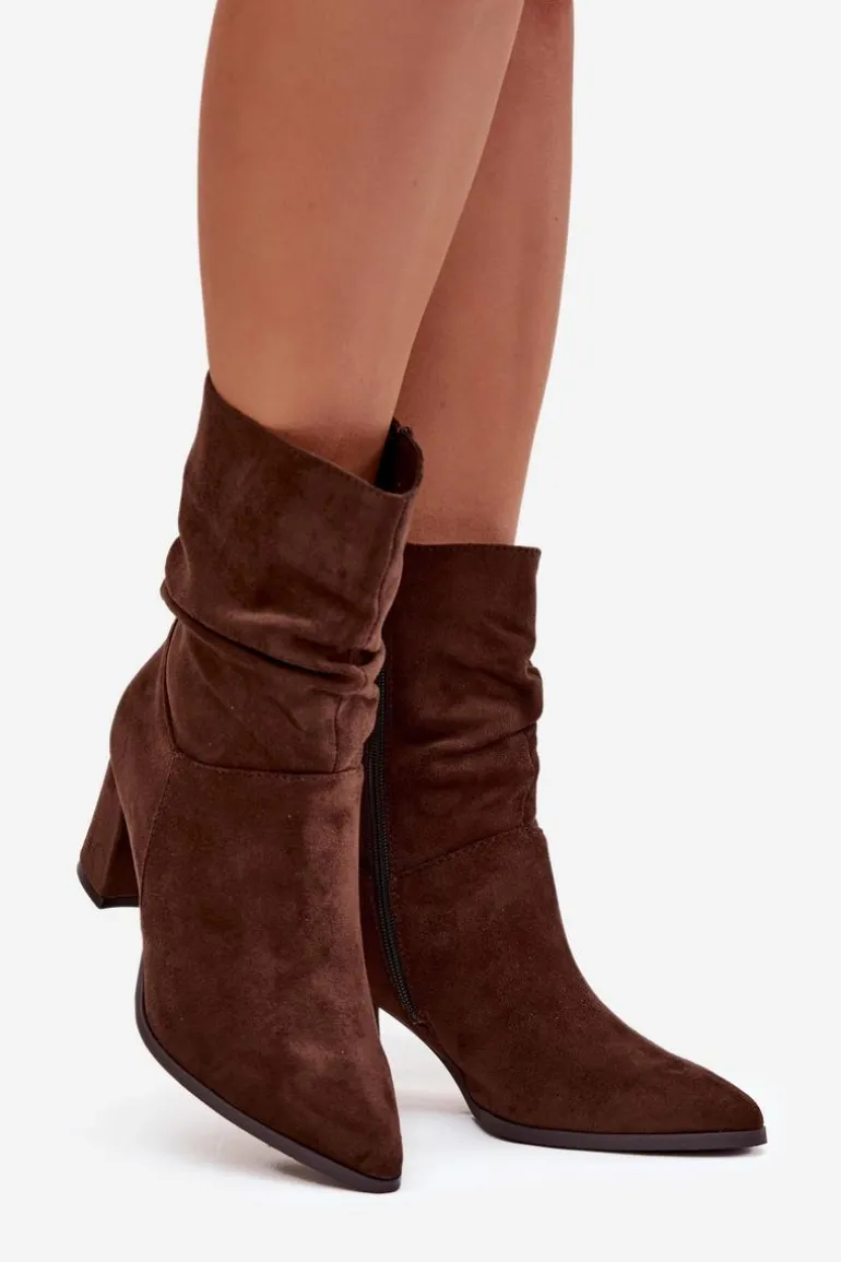 Botki Damskie Na Słupku Z Marszczeniem Ocieplane Brązowe Amelise