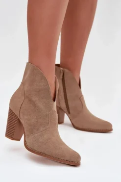 Botki Damskie Na Słupku Z Eko Zamszu Beżowe Elvirae