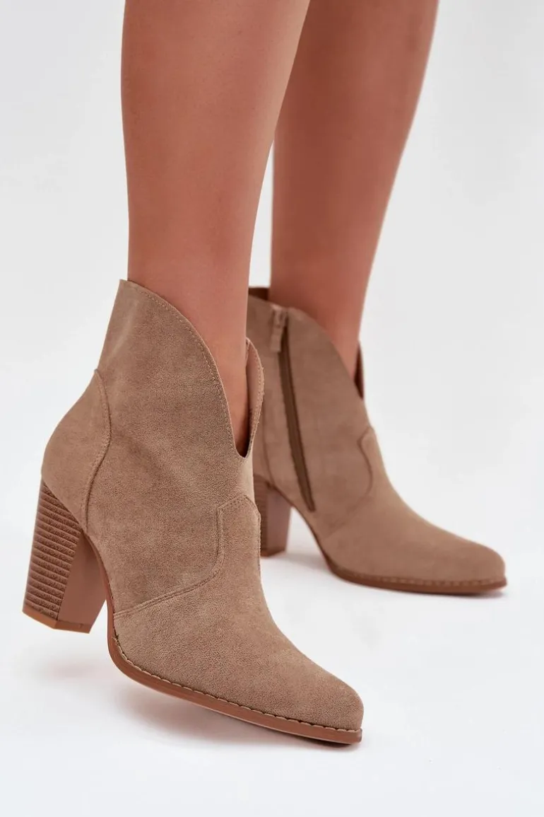 Botki Damskie Na Słupku Z Eko Zamszu Beżowe Elvirae