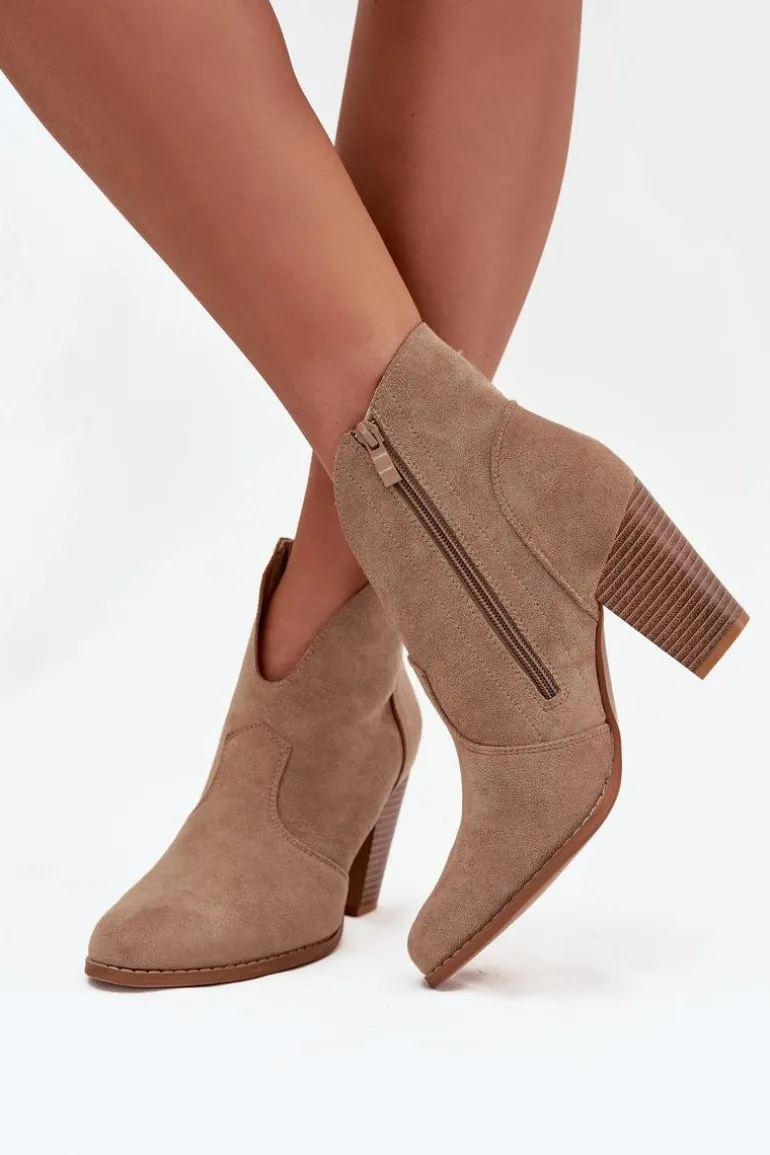 Botki Damskie Na Słupku Z Eko Zamszu Beżowe Elvirae