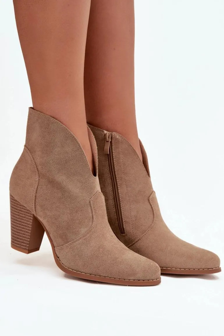 Botki Damskie Na Słupku Z Eko Zamszu Beżowe Elvirae