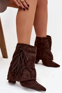 Botki Damskie Na Słupku Z Frędzlami I Złotymi Klamrami Czekoladowe Evelisse