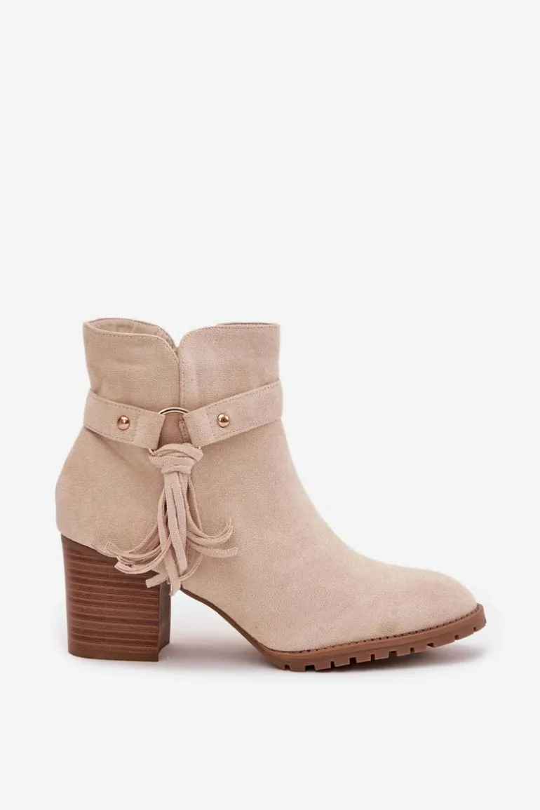 Botki Damskie Na Słupku Z Frędzlami Jasnobeżowe Rosabella