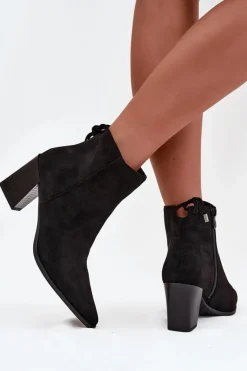 Botki Damskie Na Słupku Z Wiązaniem Czarne Halisse
