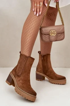 Botki Damskie Na Słupku Z Eko Zamszu Ocieplane Brązowe Nevitas