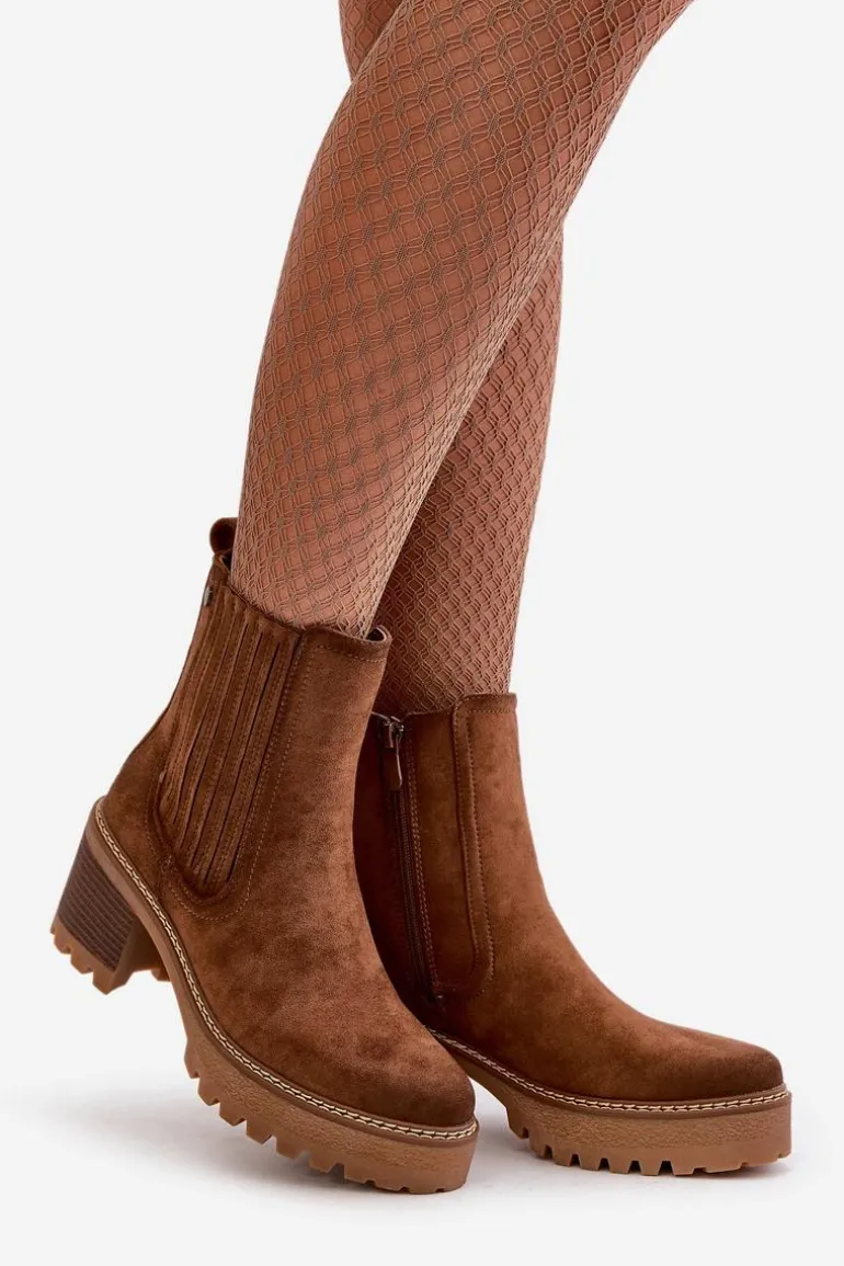 Botki Damskie Na Słupku Z Eko Zamszu Ocieplane Brązowe Nevitas