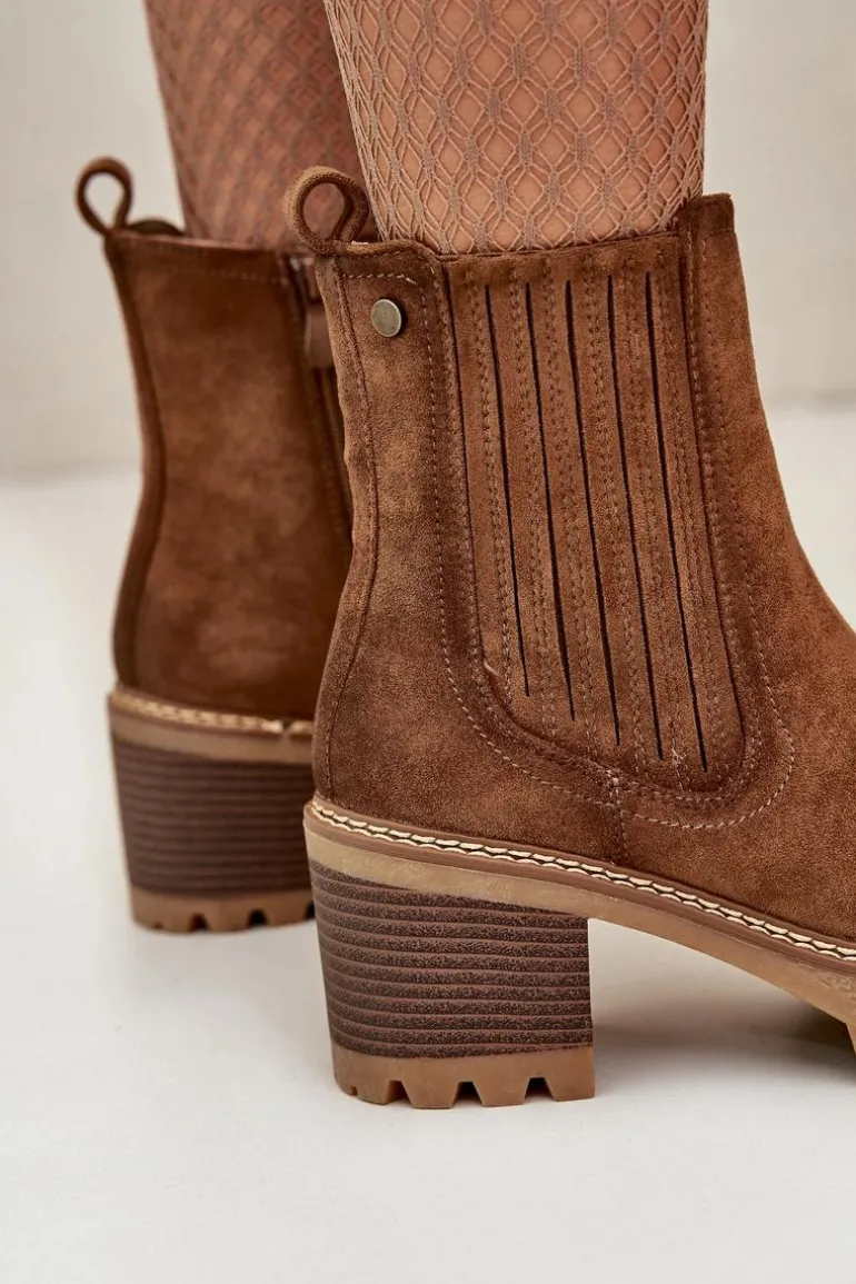 Botki Damskie Na Słupku Z Eko Zamszu Ocieplane Brązowe Nevitas