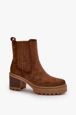 Botki Damskie Na Słupku Z Eko Zamszu Ocieplane Brązowe Nevitas
