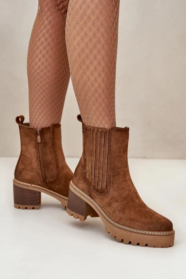 Botki Damskie Na Słupku Z Eko Zamszu Ocieplane Brązowe Nevitas