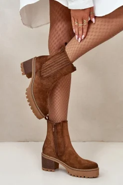 Botki Damskie Na Słupku Z Eko Zamszu Ocieplane Brązowe Nevitas