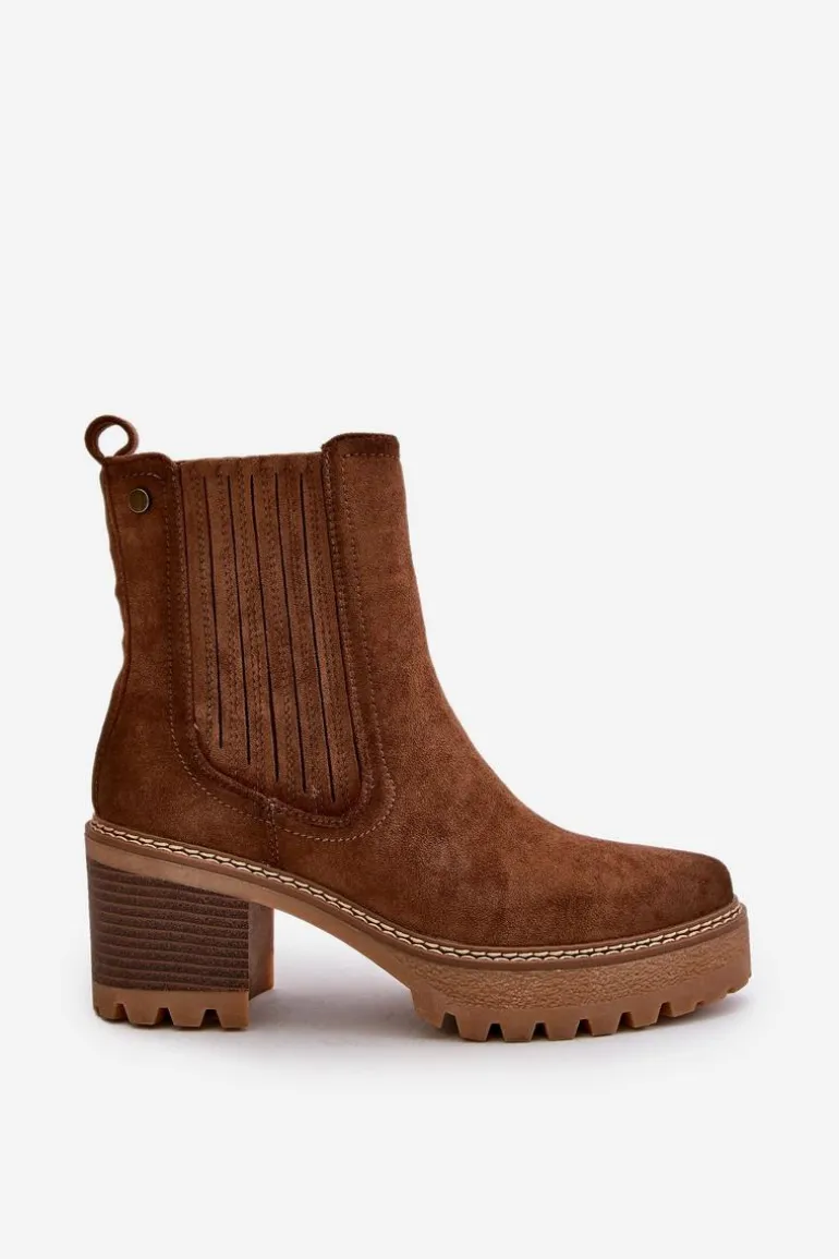 Botki Damskie Na Słupku Z Eko Zamszu Ocieplane Brązowe Nevitas