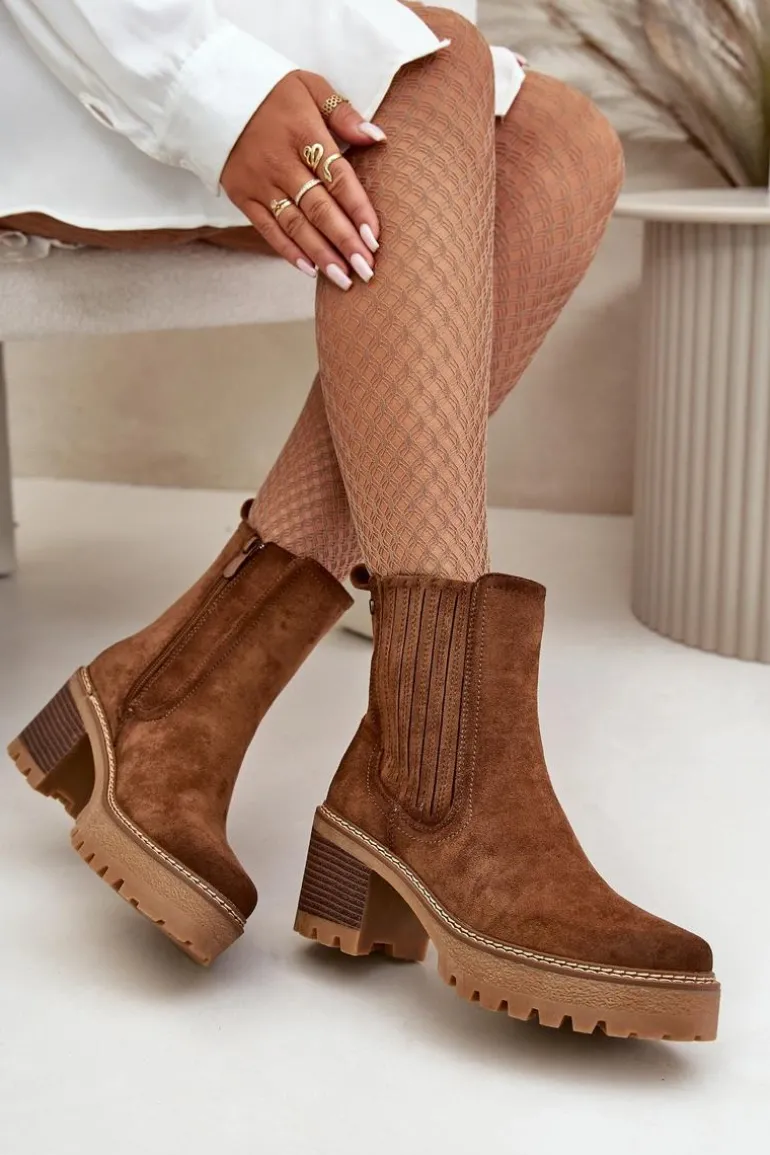 Botki Damskie Na Słupku Z Eko Zamszu Ocieplane Brązowe Nevitas