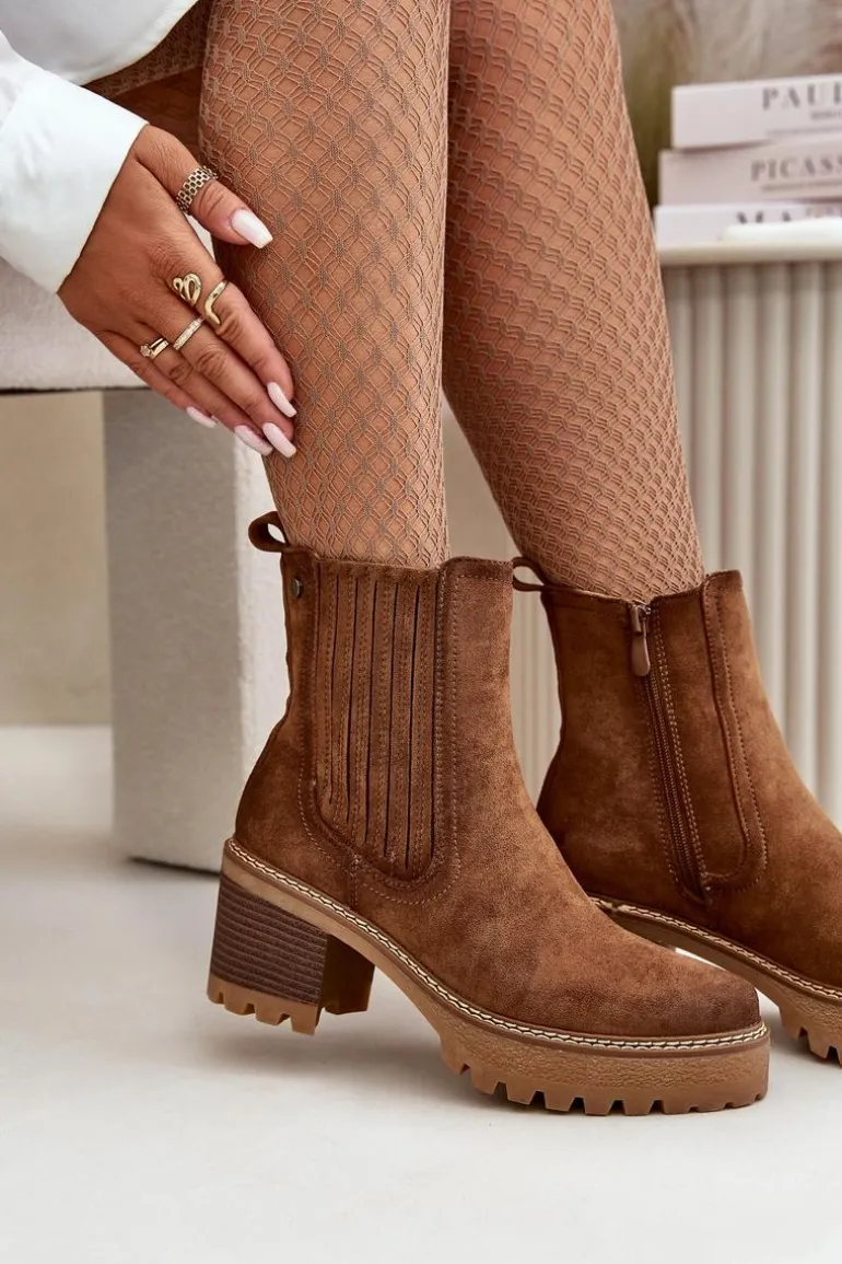 Botki Damskie Na Słupku Z Eko Zamszu Ocieplane Brązowe Nevitas