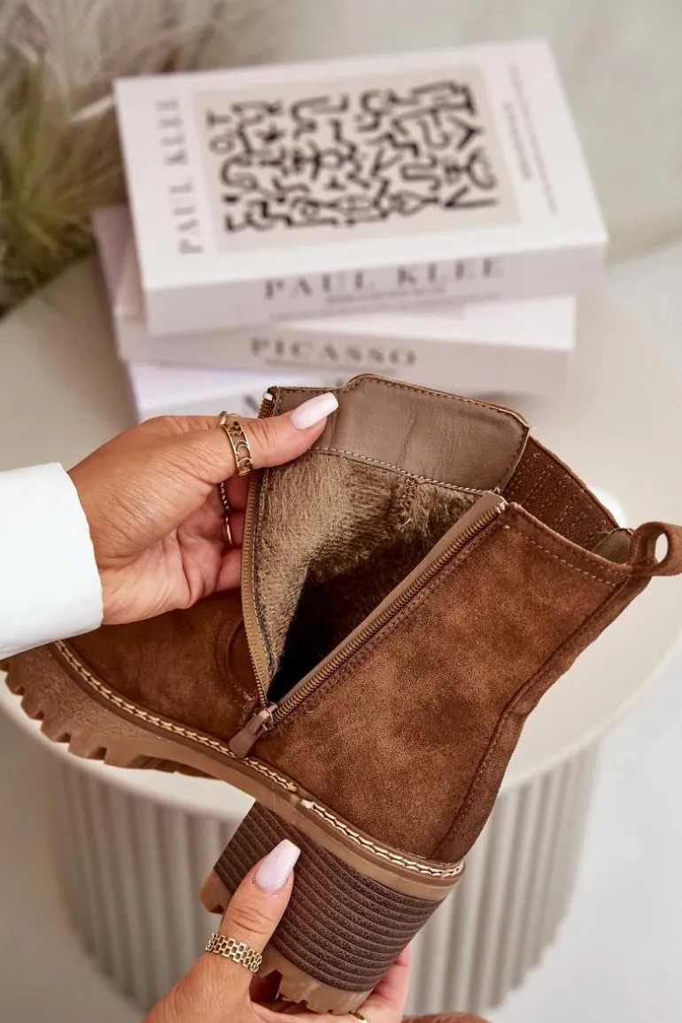 Botki Damskie Na Słupku Z Eko Zamszu Ocieplane Brązowe Nevitas