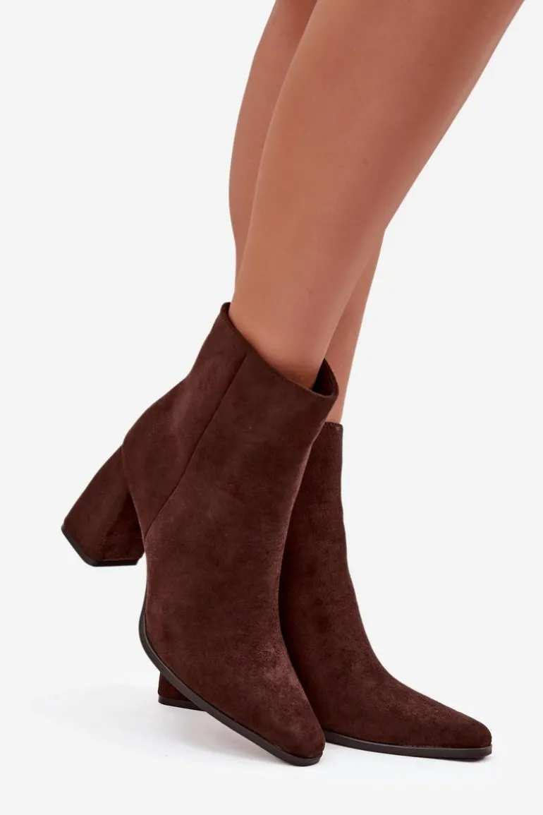 Botki Damskie Na Słupku Z Eko Zamszu Czekoladowe Inessa