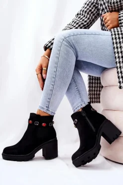 Botki Damskie Na Słupku z Kryształami Czarne Makbet