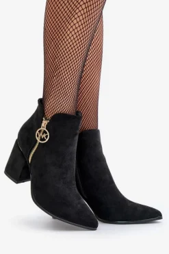 Botki Damskie Na Słupku Z Noskami W Szpic Eko Zamszowe Ocieplane Czarne Raisha